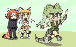 Rule 34 | 3girls, :d, animal ears, animal print, arm up, black pantyhose, blonde hair, boots, bow, bowtie, braid, brown hair, chibi, closed eyes, closed mouth, collared vest, commentary request, crocodilian tail, crossed arms, elbow gloves, extra ears, full body, fur collar, glasses, gloves, green eyes, green hair, hair bow, holding, kemono friends, kemono friends 2, legs apart, leopard (kemono friends), leopard ears, leopard girl, leopard print, leopard tail, lesser panda (kemono friends), long hair, long sleeves, looking at another, medium hair, miniskirt, multicolored hair, multiple girls, open mouth, outstretched arm, over-rim eyewear, pantyhose, pantyhose under shorts, pleated skirt, print gloves, print skirt, print thighhighs, red panda ears, red panda tail, running, semi-rimless eyewear, shirt, shoes, short shorts, short sleeves, shorts, shorts under shorts, sidelocks, skirt, smile, spectacled caiman (kemono friends), spiked gloves, spiked shoes, spikes, srd (srdsrd01), standing, sweater, tail, thighhighs, twintails, v-shaped eyebrows, vest, white hair, white shirt, yellow eyes, zettai ryouiki
