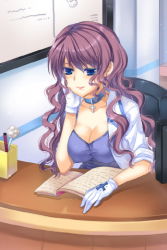Rule 34 | 1girl, blue eyes, book, breasts, camisole, chair, choker, cleavage, cross, earrings, female focus, gloves, indoors, jacket, jewelry, large breasts, long hair, lowres, mole, pen, purple hair, sitting, solo, sword girls, upper body