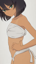 Rule 34 | 1girl, absurdres, akagi (fmttps), black hair, closed mouth, fundoshi, girls und panzer, green eyes, grey background, hair between eyes, hand on own hip, highres, hoshino (girls und panzer), japanese clothes, looking at viewer, simple background, solo, tan, tanline