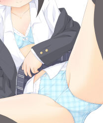 Rule 34 | 1girl, black jacket, black thighhighs, blazer, blue bra, blue panties, bow, bow bra, bow panties, bra, breasts, closed mouth, clothes lift, collarbone, collared shirt, dress shirt, grey skirt, head out of frame, highres, jacket, lifting own clothes, long sleeves, off shoulder, open clothes, open jacket, open shirt, original, over-kneehighs, panties, plaid, plaid bra, plaid panties, plaid skirt, ri-net, shirt, simple background, skirt, skirt lift, sleeves past wrists, small breasts, smile, solo, thighhighs, underwear, white background, white shirt