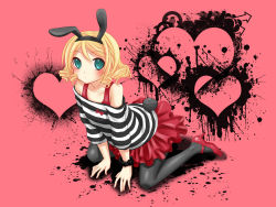Rule 34 | 1girl, alternate costume, animal ears, aqua eyes, bare shoulders, blonde hair, rabbit ears, rabbit tail, casual, contemporary, curly hair, fashion, female focus, full body, high heels, kagamine rin, kneeling, pantyhose, shoes, short hair, solo, striped, tail, vocaloid, yayoi (egoistic realism)