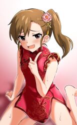 Rule 34 | 1girl, absurdres, arm support, bare shoulders, barefoot, blush, breasts, brown eyes, brown hair, china dress, chinese clothes, dress, floral print, flower, frilled dress, frills, futami mami, gradient background, hair flower, hair ornament, hand up, highres, idolmaster, idolmaster (classic), idolmaster million live!, idolmaster million live! theater days, index finger raised, koubashiifuna, long hair, looking at viewer, open mouth, pink background, pink flower, print dress, red dress, shy, side ponytail, side slit, sitting, small breasts, smile, solo, sweat, yokozuwari