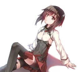 Rule 34 | 10s, 1girl, bad id, bad pixiv id, bike shorts, breasts, brown eyes, brown hair, covered erect nipples, headband, headgear, kantai collection, leaning back, long sleeves, looking up, pleated skirt, reclining, short hair, simple background, sitting, skirt, small breasts, solo, taihou (kancolle), thighhighs, veilrain, white background