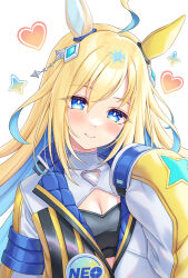 Rule 34 | 1girl, ahoge, animal ears, blonde hair, blue eyes, blue hair, blush, breasts, character name, cleavage, cleavage cutout, closed mouth, clothing cutout, colored inner hair, commentary request, hair between eyes, hair ornament, hand up, heart, highres, horse ears, horse girl, jacket, long hair, long sleeves, looking at viewer, medium breasts, multicolored hair, neo universe (umamusume), open clothes, open jacket, puffy long sleeves, puffy sleeves, simple background, sleeves past fingers, sleeves past wrists, smile, solo, tomo (tmtm mf mf), two-tone hair, umamusume, upper body, white background, white jacket