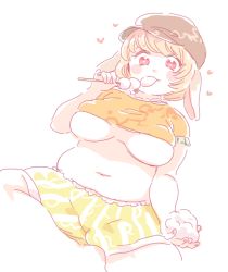Rule 34 | 1girl, :3, alternate breast size, animal ears, belly, blending, blonde hair, blush stickers, breasts, breasts apart, bright pupils, brown hat, closed eyes, closed mouth, covered erect nipples, crop top, cropped shirt, dango, dutch angle, eating, feet out of frame, flat cap, floppy ears, food, food in mouth, frilled shirt, frilled shorts, frilled sleeves, frills, from below, hat, heart, heart-shaped pupils, holding, holding food, holding skewer, indian style, large breasts, looking down, meat day, midriff, mitsumoto jouji, navel, no bra, orange shirt, pale color, plump, puffy shorts, rabbit ears, red eyes, ringo (touhou), shirt, short hair, short sleeves, shorts, simple background, sitting, skewer, smile, solo, stomach, striped clothes, striped shorts, swept bangs, symbol-shaped pupils, tareme, touhou, underboob, vertical-striped clothes, vertical-striped shorts, wagashi, white background, yellow shorts