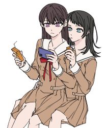 Rule 34 | 2girls, a jak, bang dream!, bang dream! it&#039;s mygo!!!!!, black hair, blue eyes, brown dress, brown hair, cellphone, closed mouth, commentary request, dress, drinking straw, drinking straw in mouth, hanasakigawa school uniform, hand on another&#039;s waist, highres, holding, holding phone, juice box, korean commentary, long hair, long sleeves, multiple girls, neck ribbon, phone, pleated skirt, purple eyes, red ribbon, ribbon, sailor collar, school uniform, serafuku, shiina taki, simple background, sitting, sitting on lap, sitting on person, skirt, smartphone, white background, white sailor collar, yahata umiri, yuri