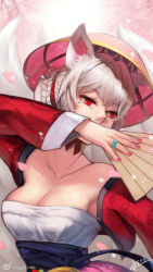 Rule 34 | 1girl, animal ears, artist name, blurry, breasts, cherry blossoms, cleavage, covering own mouth, crusaders quest, dated, depth of field, fingernails, folding fan, fox ears, fox tail, hand fan, hat, highres, jewelry, kitsune yeowoodong, looking to the side, mole, mole under eye, multiple tails, nail polish, red eyes, ring, short hair, solo, squidsmith, tail, white hair