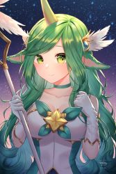 Rule 34 | 1girl, artist name, blush, breasts, choker, collarbone, dress, gloves, green choker, green eyes, hands up, highres, holding, holding staff, large breasts, league of legends, long hair, looking at viewer, official alternate costume, shrimp cake, smile, solo, soraka (league of legends), staff, star (symbol), star guardian (league of legends), star guardian soraka, upper body, watermark, white gloves