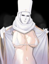 Rule 34 | 1girl, aumann, bikini, blue archive, breasts, hat, jewelry, large breasts, nameless priest (blue archive), navel, necklace, robe, solo, stomach, swimsuit, upper body, white bikini, white hat, white mask, white robe