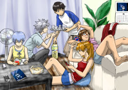 Rule 34 | 2boys, 3girls, :3, ayanami rei, barefoot, black hair, blue eyes, blue hair, blue shorts, brown hair, calendar (object), cellphone, chips (food), commentary request, couch, curtains, food, glass, glasses, hand fan, hand on another&#039;s head, ice, ice cube, ikari shinji, iphone, lying, makinami mari illustrious, multiple boys, multiple girls, nagisa kaworu, neon genesis evangelion, on back, phone, plant, potato chips, profile, raglan sleeves, reading, red-framed eyewear, semi-rimless eyewear, shirt, short shorts, short sleeves, shorts, silver hair, sleeveless, smartphone, soryu asuka langley, souryuu asuka langley, suimame, t-shirt, table, tray, two side up, under-rim eyewear