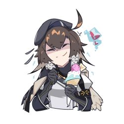 Rule 34 | ahoge, arknights, armband, beret, black gloves, black hat, blush, brain freeze, broken heart, brown hair, cape, commentary, cropped torso, deel (rkeg), feather hair, food, gloves, happy, hat, heart, highres, holding, holding food, holding spoon, ice cream cone, jacket, plume (arknights), shaded face, short hair, smile, spoon, symbol-only commentary, upper body, white jacket