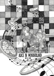 Rule 34 | 1boy, 1girl, absurdres, alice in wonderland, bodysuit, chair, checkered background, clock, closed eyes, copyright name, covered mouth, cup, english text, gears, gloves, greyscale, hat, headdress, highres, holding, holding cup, holding saucer, leaning forward, link, long hair, long sleeves, looking at another, looking away, mask, monochrome, mouth mask, musical note, nintendo, planstar, pointy ears, pointy hat, princess zelda, profile, rabbit mask, saucer, sheik, short sleeves, sideways glance, sitting, staff (music), sweatdrop, teacup, the legend of zelda, the legend of zelda: ocarina of time, traditional media