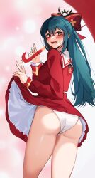 Rule 34 | + +, 1girl, absurdres, ass, bianca (black survival), black survival, blue hair, blush, bow, charon (duddnd2361), clothes lift, commentary request, dress, dress lift, eternal return: black survival, fangs, from behind, hair between eyes, hair bow, highres, holding, holding umbrella, korean commentary, lifting own clothes, long hair, long sleeves, looking back, open mouth, panties, red bow, red eyes, red umbrella, solo, sweat, umbrella, underwear, white panties