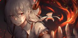 Rule 34 | 1girl, a maru, artist name, bad id, bad pixiv id, bow, chromatic aberration, commentary request, derivative work, embers, fire, fire, fujiwara no mokou, grin, hair between eyes, hair bow, highres, long hair, portrait, puffy short sleeves, puffy sleeves, red eyes, shirt, short sleeves, silver hair, smile, solo, suspenders, touhou, twitter username, white bow, white shirt