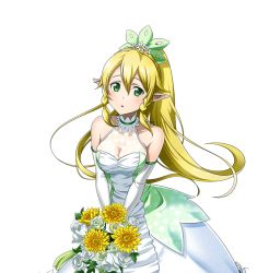 Rule 34 | 1girl, blonde hair, bouquet, breasts, cleavage, collarbone, dress, elbow gloves, floating hair, flower, gloves, green eyes, hair between eyes, hair ornament, high ponytail, holding, holding bouquet, leafa, long hair, looking at viewer, medium breasts, parted lips, pointy ears, sleeveless, sleeveless dress, solo, standing, sword art online, transparent background, very long hair, white dress, white flower, white gloves, yellow flower