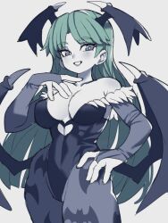 Rule 34 | 1girl, animal print, bat print, black leotard, blush, breasts, cleavage, collarbone, demon girl, demon tail, demon wings, green hair, head wings, large breasts, leotard, long hair, looking at viewer, morrigan aensland, open mouth, pantyhose, partially colored, slammo, smile, solo, tail, unfinished, vampire (game), wings