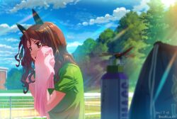 Rule 34 | 1girl, animal ears, bag, blurry, blurry foreground, bottle, brown eyes, brown hair, bug, cloud, dated, day, dragonfly, ear covers, green shirt, hand on own hip, hand up, holding, holding towel, horse ears, insect, king halo (umamusume), long hair, one side up, open mouth, outdoors, shirt, short sleeves, solo, sunlight, sweat, takuzui, towel, tree, twitter username, umamusume, v-shaped eyebrows, wiping sweat