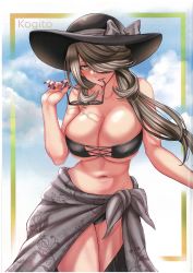 Rule 34 | 1girl, absurdres, alternate breast size, bare shoulders, bikini, breasts, brown eyes, cleavage, cloud, cogita (pokemon), collarbone, creatures (company), fingernails, game freak, grey hair, hair over one eye, hat, highres, holding, large breasts, lips, looking at viewer, mature female, medium breasts, nail polish, navel, nintendo, parted lips, pokemon, pokemon legends: arceus, sarong, scan, simple background, sky, smile, solo, stomach, sun hat, sunglasses, swimsuit, takecha, thighs, unworn eyewear