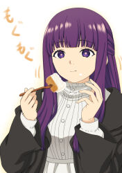 Rule 34 | 1girl, :t, black jacket, breasts, closed mouth, commentary request, dress, eating, fern (sousou no frieren), food, food on face, fork, hands up, holding, holding fork, isse, jacket, long hair, long sleeves, medium breasts, open clothes, open jacket, puffy long sleeves, puffy sleeves, purple eyes, purple hair, solo, sound effects only, sousou no frieren, translated, upper body, white background, white dress
