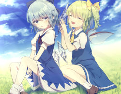 Rule 34 | 2girls, :d, ^ ^, ascot, blue bow, blue dress, blue eyes, blue hair, blue skirt, blue sky, blue vest, bow, brown footwear, cirno, closed eyes, cloud, commentary request, daiyousei, day, dress, fairy wings, feet out of frame, grass, green hair, hair between eyes, hair bow, hands up, ice, ice wings, kisamu (ksmz), light rays, loafers, looking at viewer, multiple girls, neck ribbon, one side up, open mouth, outdoors, parted lips, pinafore dress, puffy short sleeves, puffy sleeves, red ribbon, ribbon, shirt, shoes, short dress, short hair, short sleeves, sitting, skirt, skirt set, sky, sleeveless dress, smile, socks, touhou, vest, white legwear, white shirt, wings, yellow bow, yellow neckwear
