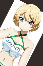 Rule 34 | 10s, 1girl, absurdres, bare shoulders, blonde hair, blue eyes, blush, braid, breasts, cleavage, collarbone, cwind, darjeeling (girls und panzer), dutch angle, eyebrows, girls und panzer, halterneck, halterneck, highres, large breasts, looking at viewer, midriff, navel, race queen, smile, solo