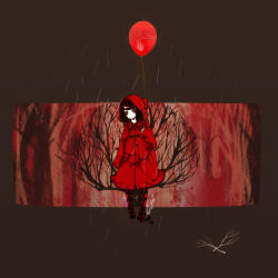 Rule 34 | 1girl, artist request, balloon, black hair, branch, brown background, child, dress, highres, hood, jacket, rain, red background, red dress, red eyes, red jacket, robin (the path), short hair, solo, the path, tree, walking