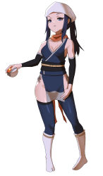 Rule 34 | 1girl, akari (pokemon), black hair, black sash, blue thighhighs, boots, breasts, cleavage, covered erect nipples, creatures (company), detached sleeves, game freak, grey eyes, head scarf, highres, holding, holding poke ball, knee boots, long hair, looking at viewer, nintendo, obi, panties, panty peek, parted lips, pelvic curtain, poke ball, poke ball (legends), pokemon, pokemon legends: arceus, ponytail, red scarf, sash, scarf, side-tie panties, small breasts, solo, thighhighs, underwear, user xnvz2735, white footwear, white headwear, white panties