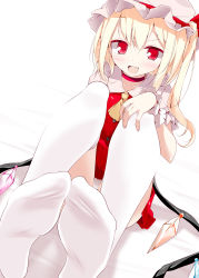 Rule 34 | 1girl, absurdres, ascot, blonde hair, blush, choker, fang, feet, female focus, flandre scarlet, foot focus, hat, highres, looking at viewer, no shoes, non-web source, oouso, open mouth, panties, pantyshot, red eyes, scan, short hair, side ponytail, sitting, slit pupils, smile, soles, solo, thighhighs, toes, touhou, underwear, white panties, white thighhighs, wings