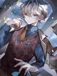 Rule 34 | 1boy, absurdres, blue eyes, blue sky, brown hair, checkered clothes, checkered vest, closed mouth, cloud, cloudy sky, collared shirt, expressionless, highres, long sleeves, looking at viewer, male focus, necktie, original, shirt, short hair, sky, solo, u-sama (u summer0719), vest