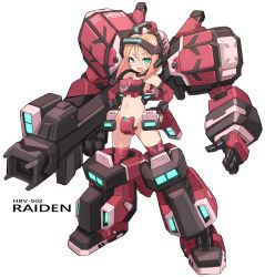 Rule 34 | 1girl, :d, bare shoulders, black gloves, blush, commentary request, detached sleeves, fingerless gloves, full body, gloves, green eyes, groin, hair between eyes, hands on own hips, highres, karukan (monjya), light brown hair, long hair, long sleeves, looking at viewer, mecha musume, navel, open mouth, parted bangs, personification, red sleeves, red thighhighs, revealing clothes, sidelocks, simple background, smile, solo, standing, thighhighs, v-shaped eyebrows, virtual on, white background