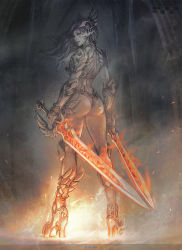 Rule 34 | 1girl, armor, armored boots, arms at sides, ass, bikini armor, boots, breastplate, breasts, commentary, dual wielding, english commentary, fantasy, fire, fire, floating hair, from behind, hallway, helmet, high heel boots, high heels, highres, holding, holding sword, holding weapon, leg wings, legs apart, long hair, looking back, original, partially colored, pauldrons, profile, reverse grip, shoulder armor, smoke, solo, standing, stato (statoon), sword, vambraces, weapon, winged footwear, winged helmet, winged sword, wings
