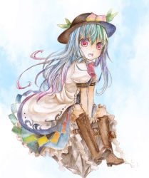 Rule 34 | 1girl, bad id, bad pixiv id, boots, cross-laced footwear, dress, female focus, food, fruit, gradient hair, hat, hinanawi tenshi, lace-up boots, leaf, long hair, multicolored hair, open mouth, painting (medium), peach, red eyes, rock, sitting, solo, string, touhou, traditional media, umebayashi saki, watercolor (medium)