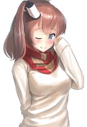 Rule 34 | 10s, 1girl, alternate costume, ao iro, blue eyes, brown hair, highres, kantai collection, long hair, looking at viewer, one eye closed, ponytail, red scarf, saratoga (kancolle), scarf, side ponytail, simple background, sleeves past wrists, smile, solo, sweater, upper body, white background, white sweater