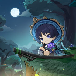 Rule 34 | 1boy, absurdres, black bow, black hair, black shorts, blue cape, blue hat, blue ribbon, blunt ends, bow, bridal gauntlets, cape, chibi, closed mouth, cloud, commentary request, eyeshadow, fireflies, flower, forest, full moon, genshin impact, gold trim, hand up, hat, highres, holding, holding flower, house, jacket, japanese clothes, jingasa, looking at viewer, makeup, male focus, moon, mountain, nature, night, night sky, official art, on roof, outdoors, parted bangs, purple eyes, purple flower, red eyeshadow, ribbon, sash, scaramouche (genshin impact), short hair, short sleeves, shorts, sidelocks, sitting, sitting on roof, sky, smile, smirk, solo, star (sky), starry sky, sumeru rose (genshin impact), tassel, tree, v-shaped eyebrows, wanderer (genshin impact), white jacket