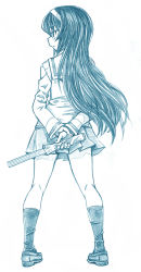 Rule 34 | 1girl, arms behind back, bbb (friskuser), blouse, blue theme, churro, closed mouth, commentary, food, from behind, full body, girls und panzer, hairband, highres, holding, holding food, light frown, loafers, long hair, long sleeves, looking to the side, miniskirt, monochrome, ooarai school uniform, pleated skirt, reizei mako, sailor collar, school uniform, serafuku, shirt, shoes, skirt, socks, solo, standing, wind