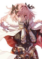Rule 34 | 1boy, armor, astolfo (fate), bad id, bad twitter id, black bow, black ribbon, bow, braid, cape, commentary request, fang, fate/apocrypha, fate/grand order, fate (series), faulds, fur collar, gauntlets, gloves, hair intakes, hair ribbon, hands up, long braid, looking at viewer, male focus, pink hair, purple eyes, ribbon, saitou masatsugu, single braid, skin fang, smile, trap, twin braids, w