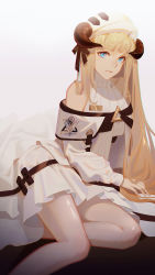 Rule 34 | 1girl, arknights, bare legs, blonde hair, blue eyes, breasts, closed mouth, dress, hand on floor, highres, horns, horns through headwear, j fang, legs, lips, long hair, looking at viewer, nightingale (arknights), sitting, solo, white background, white dress, white headwear