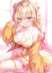 Rule 34 | 1girl, bare shoulders, blonde hair, blush, breasts, cleavage, commentary request, double bun, dress, flower, gradient hair, green eyes, hair between eyes, hair bun, hair flower, hair ornament, hand up, highres, hololive, jacket, large breasts, long hair, long sleeves, momosuzu nene, multicolored hair, off shoulder, orange jacket, pink hair, sitting, sleeves past wrists, smile, solo, thigh strap, virtual youtuber, yellow dress, yuano