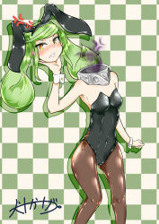 Rule 34 | 1girl, absurdres, anger vein, animal ears, bare shoulders, black pantyhose, blush, checkered background, dullahan, fake animal ears, green hair, highres, inutokage, leotard, long hair, looking at viewer, monster girl, original, pantyhose, playboy bunny, rabbit ears, solo, twintails, wrist cuffs, yellow eyes