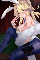 Rule 34 | 1girl, absurdres, ahoge, animal ears, artoria pendragon (all), artoria pendragon (fate), artoria pendragon (swimsuit ruler) (fate), bare shoulders, blonde hair, blue neckwear, blue pantyhose, blush, braid, breasts, cleavage, detached collar, fake animal ears, fate/grand order, fate (series), feather boa, fishnet pantyhose, fishnets, french braid, green eyes, highleg, highleg leotard, highres, holster, knee up, large breasts, leotard, long hair, looking at viewer, musicatopos, open mouth, pantyhose, playboy bunny, ponytail, rabbit ears, sidelocks, sitting, solo, thigh strap, thighs, tiara, white leotard, wrist cuffs