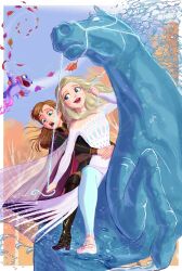 2girls absurdres anna_(frozen) black_footwear black_jacket black_pants blonde_hair blue_eyes blue_leggings boots brown_hair bruni_(frozen) d74335631 dress elsa_(frozen) frozen_(disney) green_eyes high_heel_boots high_heels highres horse horseback_riding jacket leaf leggings lizard multiple_girls open_mouth pants riding siblings sisters the_nokk_(frozen) white_dress