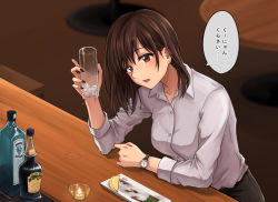 Rule 34 | 1girl, alcohol, bar (place), blush, brown eyes, brown hair, candle, collared shirt, commentary request, cup, dress shirt, earrings, food, fruit, highres, holding, holding cup, ice, ice cube, indoors, jewelry, lemon, nail polish, office lady, open mouth, original, plate, setu kurokawa, shirt, sitting, skirt, sleeves rolled up, table, watch, white shirt