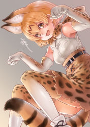 Rule 34 | 10s, 1girl, :d, animal ears, bad id, bad pixiv id, blonde hair, blush, bow, bowtie, cat ears, cat tail, elbow gloves, gloves, grey background, highres, kemono friends, kosai takayuki, looking at viewer, open mouth, paw pose, serval (kemono friends), serval print, serval tail, short hair, skirt, sleeveless, smile, solo, tail