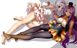 Rule 34 | 2girls, arm support, ass, barefoot, black legwear, breasts, dress, facial mark, feet, flower knight girl, forehead mark, fragrant olive (flower knight girl), green eyes, hair intakes, hairband, hat, kinmokusei (flower knight girl), large breasts, long hair, looking at viewer, lying, medium breasts, multiple girls, no shoes, on back, pantyhose, pink eyes, purple hair, royal princess (flower knight girl), sasayuki, see-through, short hair, silver hair, sleeveless, toes