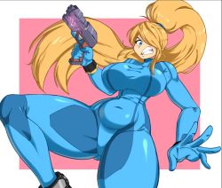 Rule 34 | 1girl, belly, blue eyes, bodysuit, breasts, clenched teeth, covered navel, floating hair, gun, hair over one eye, holding, holding gun, holding weapon, large breasts, metroid, mossy, narrow waist, nintendo, open hand, ponytail, samus aran, sharp teeth, skin tight, solo, teeth, thick thighs, thighs, weapon, zero suit