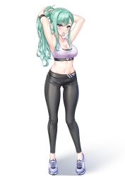 Rule 34 | 1girl, adjusting hair, armpits, arms behind head, arms up, black bra, black pants, blush, bra, breasts, cleavage, full body, green hair, hair tie, hair tie in mouth, highres, hisame shiki, holding, holding own hair, long hair, looking at viewer, medium breasts, midriff, mole, mole on breast, mouth hold, navel, pants, ponytail, purple bra, purple eyes, purple nails, shoes, simple background, smile, sneakers, solo, sports bra, stomach, sweat, sweatband, swept bangs, tying hair, underwear, very long hair, virtual youtuber, vspo!, white background, yakumo beni