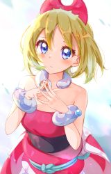 Rule 34 | 1girl, absurdres, blonde hair, blue eyes, blush, bracelet, closed mouth, collar, collarbone, commentary, creatures (company), eyelashes, frown, game freak, hairband, hands up, highres, irida (pokemon), jewelry, looking at viewer, medium hair, neck ring, nintendo, own hands together, pokemon, pokemon legends: arceus, sash, shirt, solo, steepled fingers, strapless, strapless shirt, sugimura mickey, waist cape