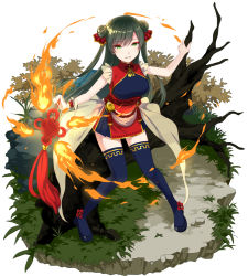 Rule 34 | 10s, 1girl, bell, black hair, blue footwear, blue thighhighs, fire, fire, green eyes, highres, long hair, looking at viewer, merc storia, outdoors, shoes, smile, solo, standing, takeko spla, thighhighs, twintails