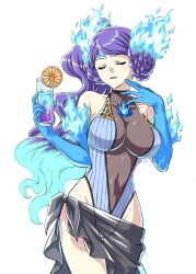 Rule 34 | 1girl, bare shoulders, belt, blue fire, breasts, brighid (xenoblade), center opening, chest jewel, cleavage, closed eyes, covered navel, cup, curvy, dress, elbow gloves, fiery hair, fire, gloves, hair rings, highres, holding, holding cup, large breasts, long hair, looking at viewer, navel, one eye closed, oto nagi, patreon username, purple eyes, purple gloves, purple hair, see-through, see-through dress, sideboob, simple background, smile, solo, thighs, white background, xenoblade chronicles (series), xenoblade chronicles 2