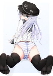 Rule 34 | 1girl, anchor symbol, ass, black hat, black sailor collar, black thighhighs, blue background, blue eyes, blush, commentary request, covered mouth, flat cap, gradient background, hair between eyes, hat, hibiki (kancolle), highres, kantai collection, long hair, long sleeves, looking at viewer, looking back, mochiyuki, no shoes, panties, sailor collar, school uniform, serafuku, shirt, silver hair, sleeves past wrists, soles, solo, striped clothes, striped panties, thighhighs, underwear, very long hair, white background, white shirt
